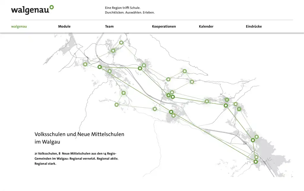 Walgenau. Region meets school. Click through. Select. Experience